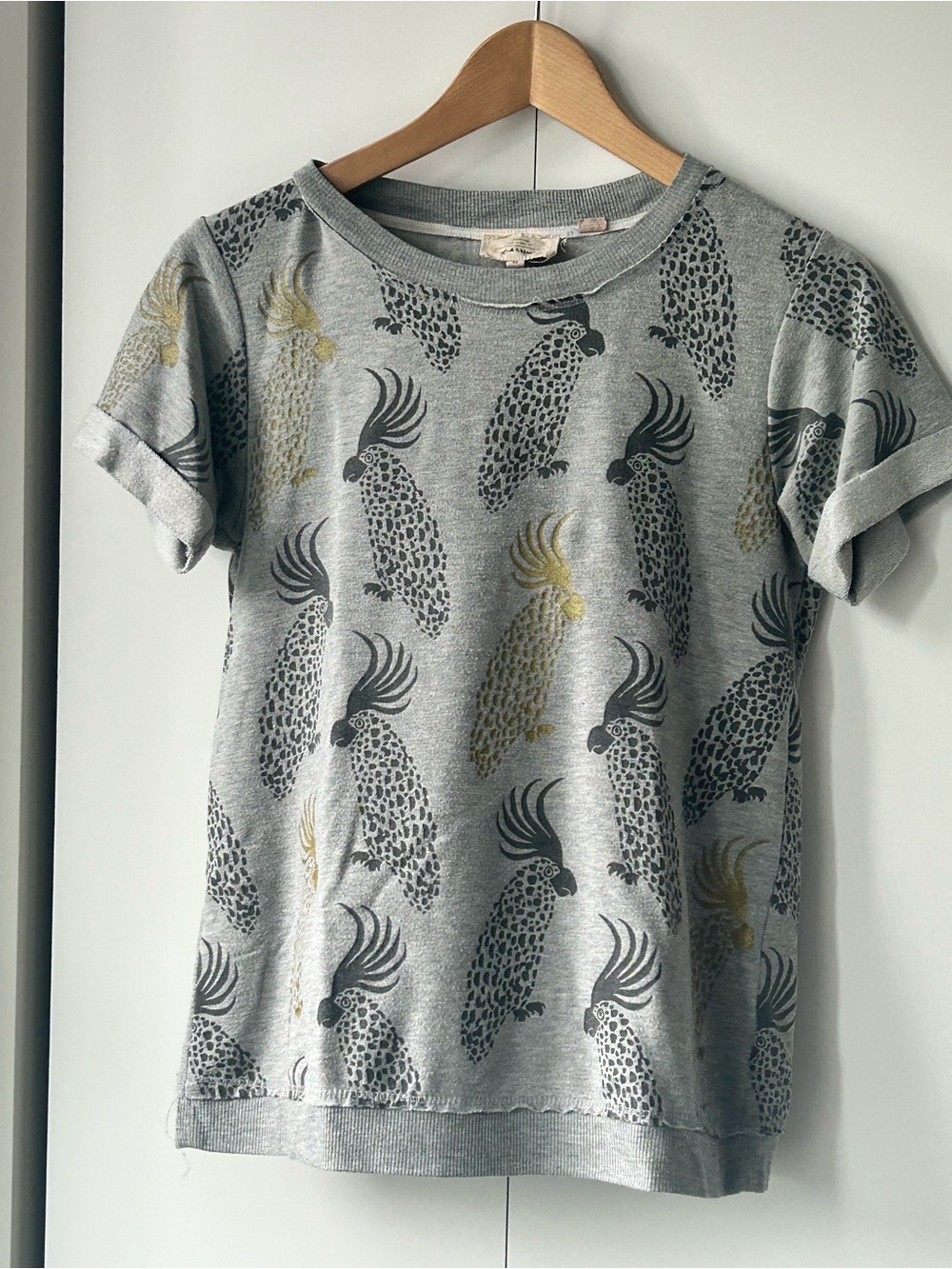 Anthropologie Gray Parrot-Print Short Sleeve Top with Gold Detail